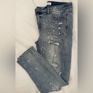 KanCan Washed Gray Distressed Skinny Jeans with Paint-Splatter